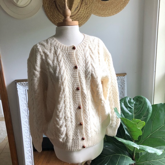 Vintage Sweaters - Handmade Vintage Fisherman Cardigan in Ivory Cream